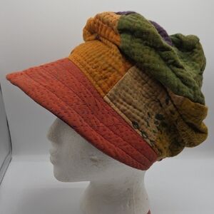 Mieko Mintz Red Kantha Cotton Stylish Fall Colors Patchwork Newsboy Visor Hat